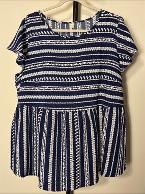 Agnes Orinda Navy White Striped Peplum Top Womens 2X Short Sleeve Boho Blouse